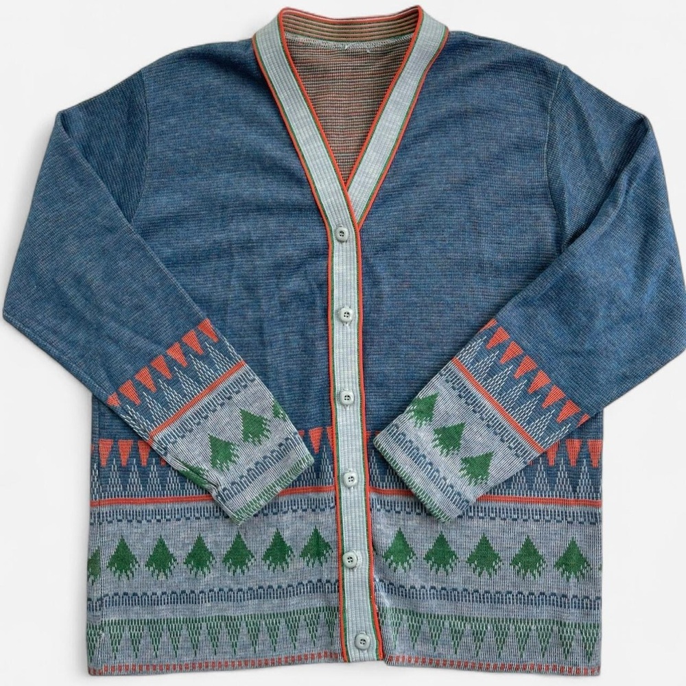 Vintage Retro Nordic Style Button Front Cardigan Blue Orange Green Trees